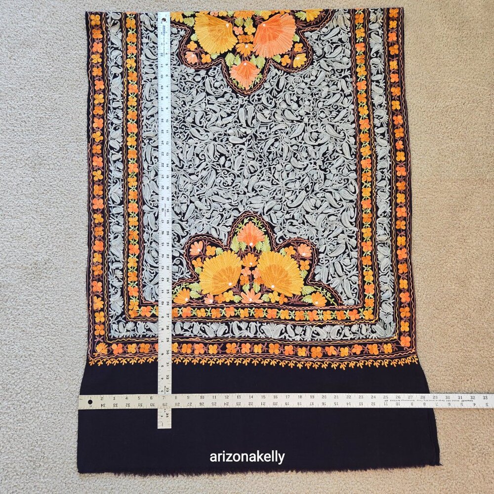 NWOT Wool Scarf with Chain Stitch Embroidery Purple Orange. - Picture 8 of 15